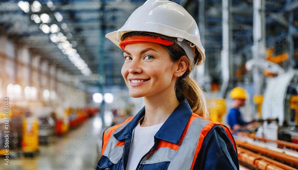 Factory Worker in Safety Helmet Overseeing Production Line Operations Ensuring Safety and Efficiency in Manufacturing Environment Factory Worker in Safety Helmet Overseeing Production Line Operations Ensuring Safety and Efficiency in Manufacturing Environment