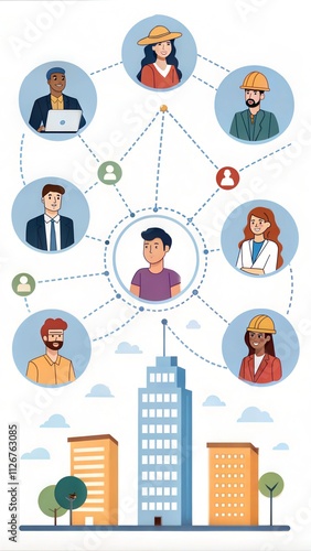 Teamwork, Connection, Building a strong team, Human resources. Business people icons connecting to each other. Distance working connected in network people, employees, outsource staff. Diverse team. photo