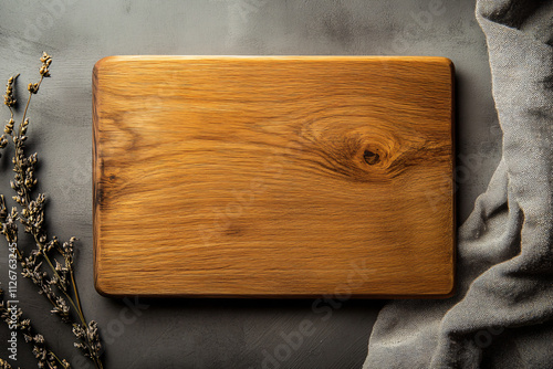 Wooden board on kitchen table with herbs and natural fabrics. Flat lay design template for products, ingredients and advertising of natural products. Rustic and eco style with space for text photo