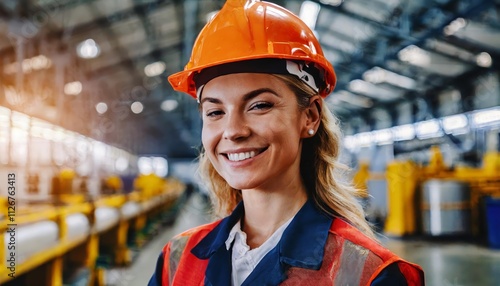 Dedicated Factory Worker in Safety Helmet Overseeing Production Line Operations, Ensuring Workplace Safety and Efficiency in a Modern Manufacturing Environment photo