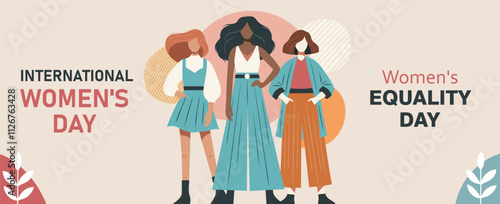 International Women's Day. Equality Day. Vector flat illustration strong women stand together. Concept of feminism gender equality protection of women's rights and freedoms.