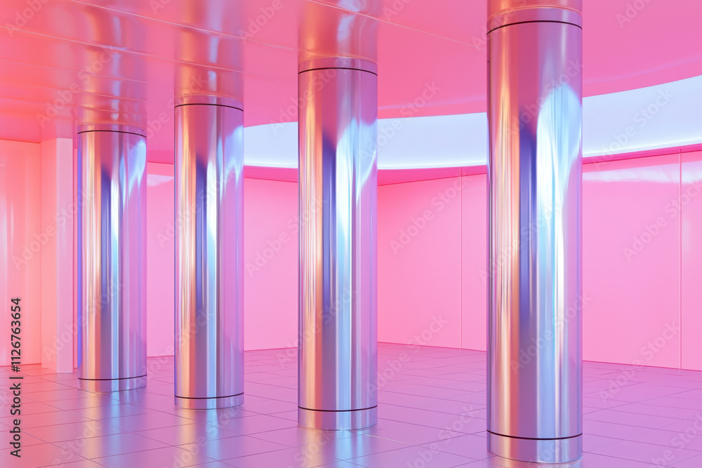 Colonnade, A series of polished metallic columns reflecting vibrant pink hues in a modern, futuristic setting. Colonnade, A series of polished metallic columns reflecting vibrant pink hues in a modern, futuristic setting.