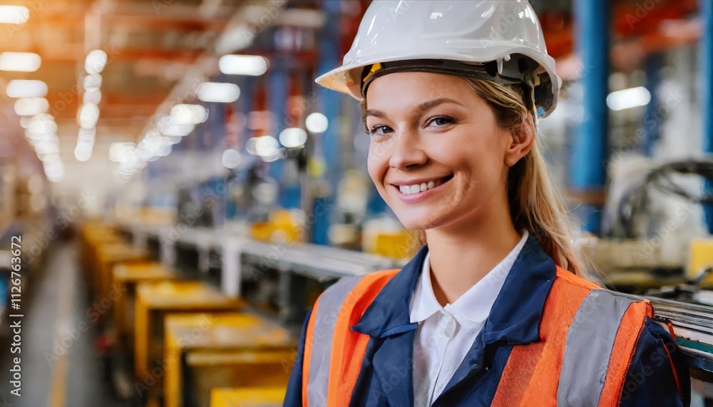 Dedicated factory worker in a safety helmet, focused on tasks amidst a bustling production line, showcasing commitment to safety and efficiency in a modern manufacturing environment. Dedicated factory worker in a safety helmet, focused on tasks amidst a bustling production line, showcasing commitment to safety and efficiency in a modern manufacturing environment.