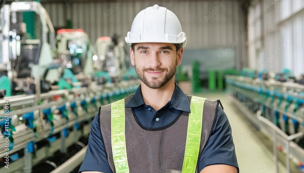 Factory Worker Wearing a Safety Helmet on a Busy Production Line, Ensuring Safety and Efficiency in Manufacturing Operations Factory Worker Wearing a Safety Helmet on a Busy Production Line, Ensuring Safety and Efficiency in Manufacturing Operations