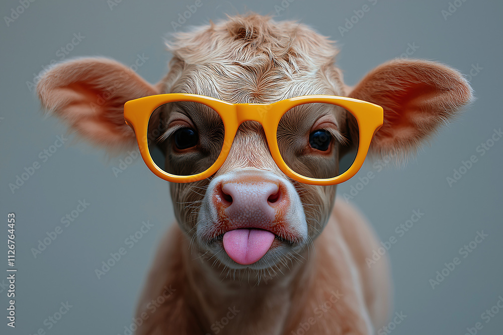 Fototapeta premium Playful calf in sunglasses a comical farm animal photo close-up