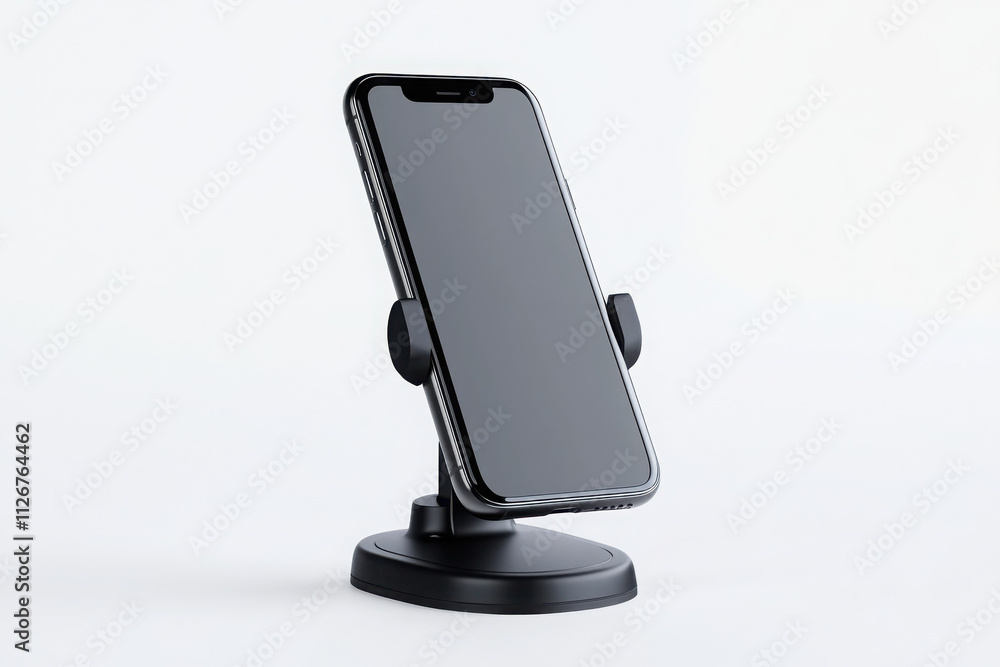 Black smartphone on a sleek stand, ideal for minimalistic design. Black smartphone on a sleek stand, ideal for minimalistic design.