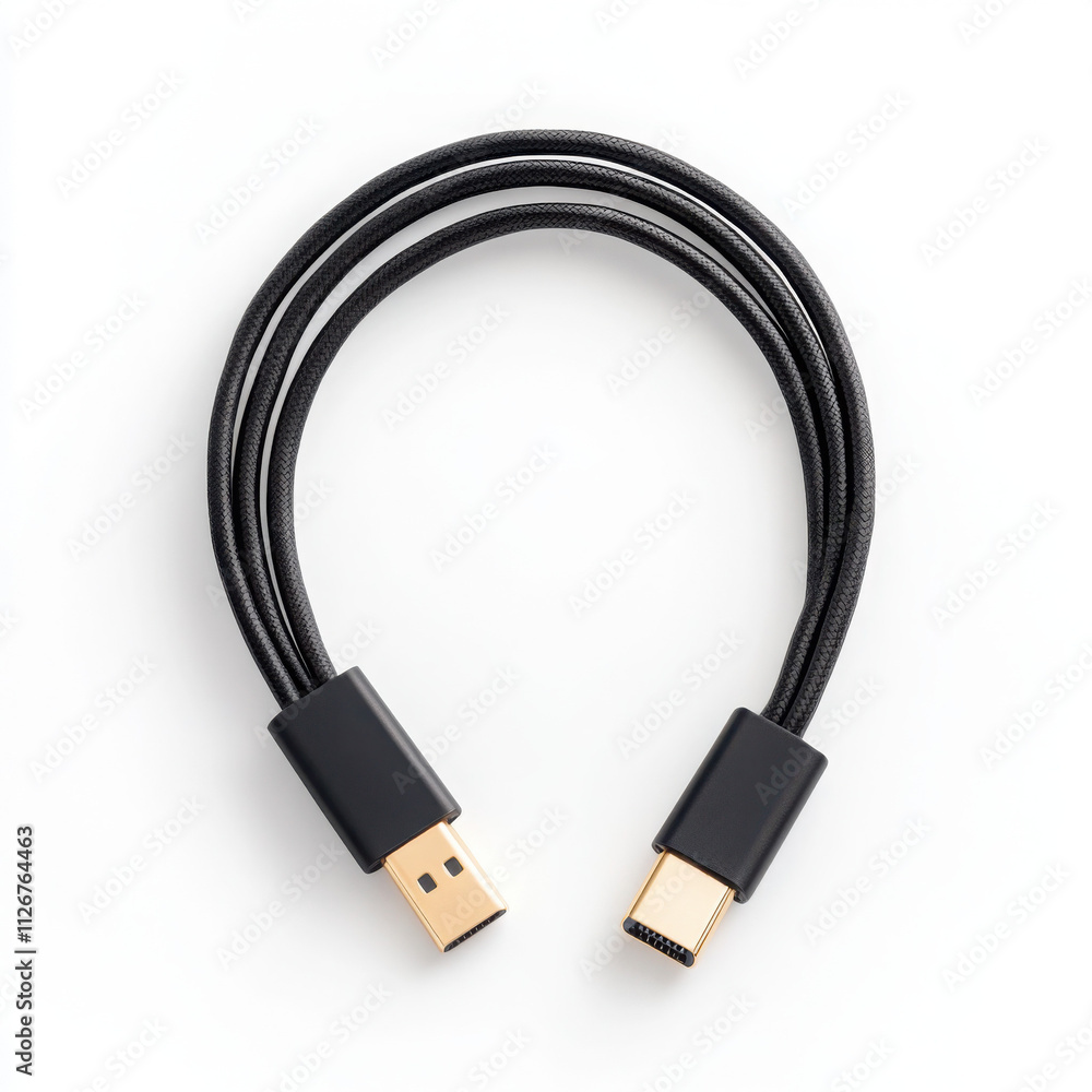 Close-up of a black USB-C cable with gold connectors. Close-up of a black USB-C cable with gold connectors.