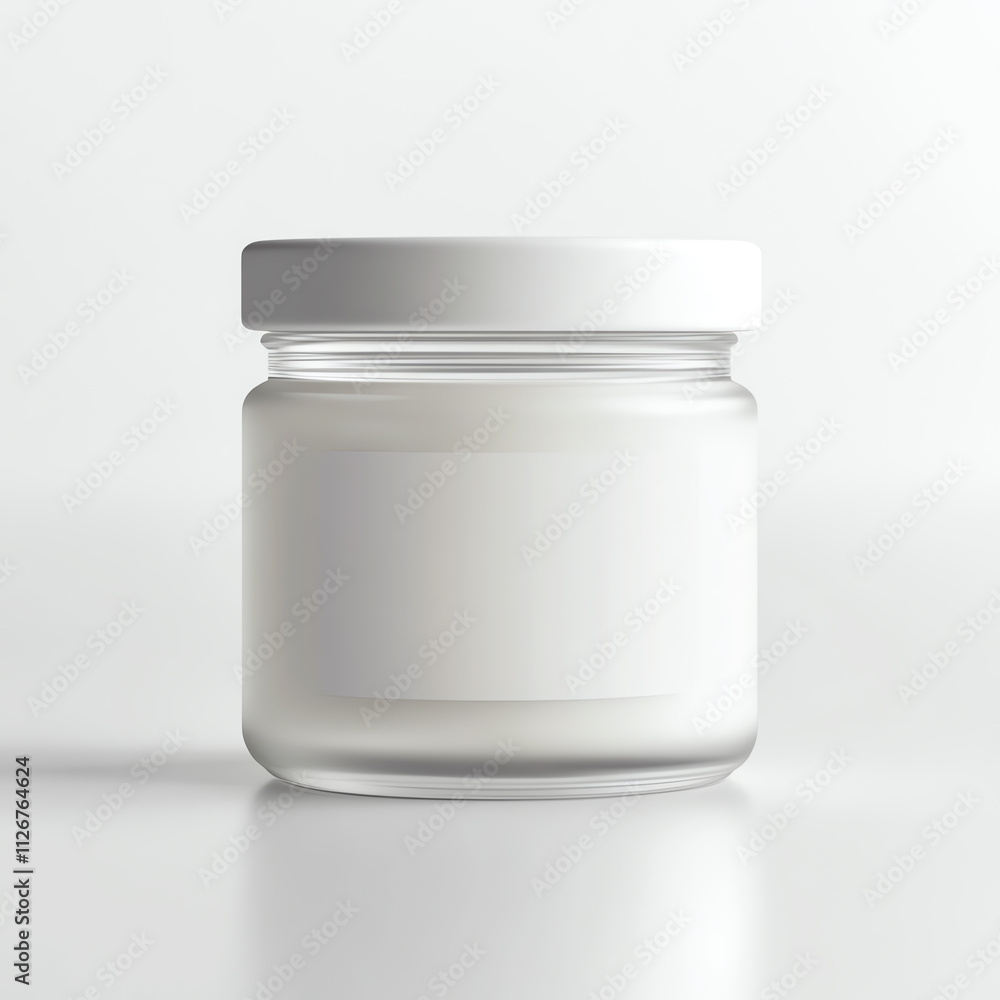 Minimalist glass jar with a white lid, perfect for storage or decor. Minimalist glass jar with a white lid, perfect for storage or decor.