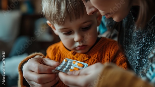 16. A parent opening a medicine packet for their child, preparing to give them a dose of liquid medication photo