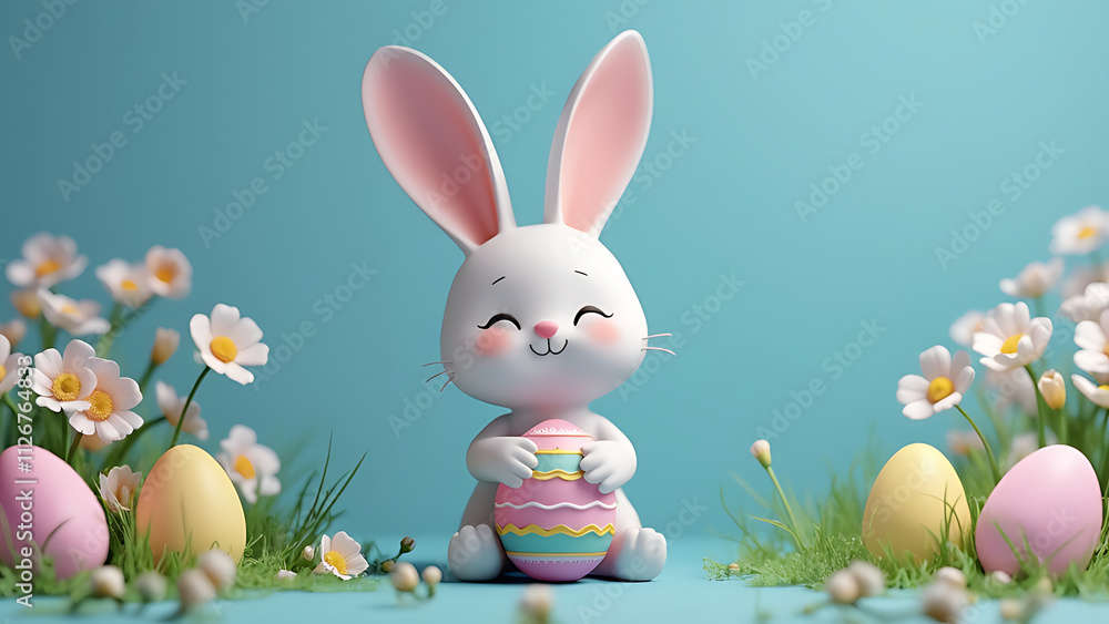 Easter Bunny with Eggs and Flowers on Blue Background - 3D Illustration Easter Bunny with Eggs and Flowers on Blue Background - 3D Illustration