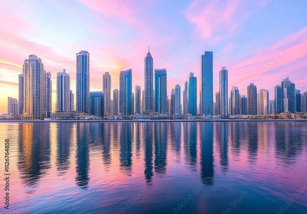Fototapeta premium Dubai Skyline at Sunrise: A Stunning Cityscape Panorama