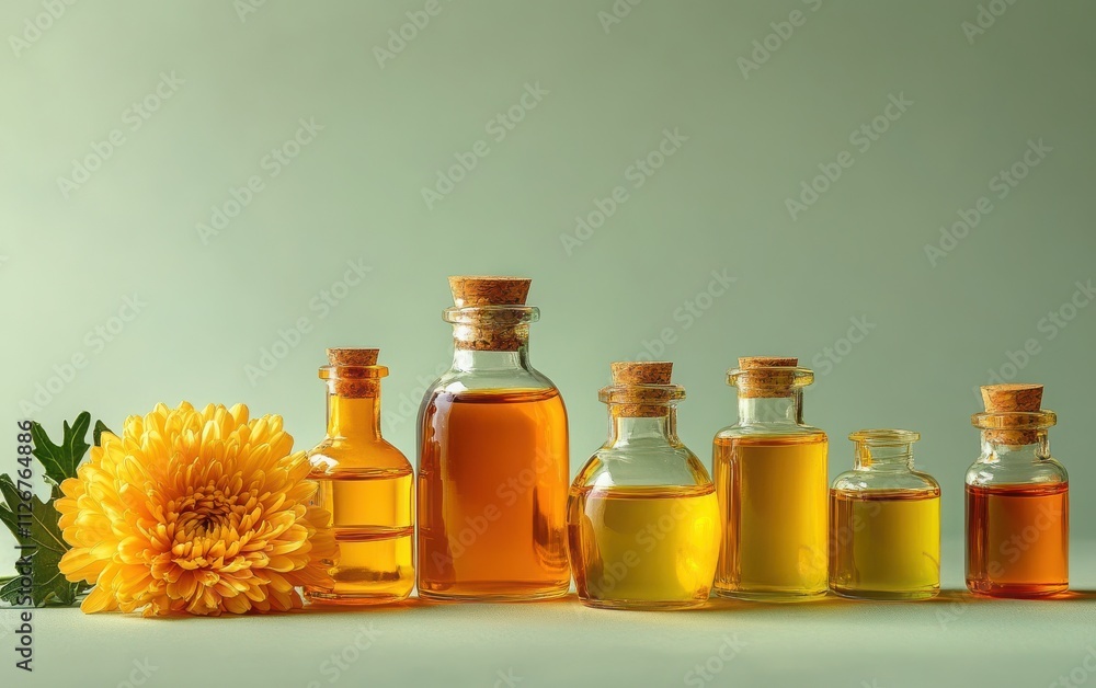 A beautifully arranged set of glass bottles containing orange and yellow essential oils, with a chrysanthemum flower isolated to one side A beautifully arranged set of glass bottles containing orange and yellow essential oils, with a chrysanthemum flower isolated to one side