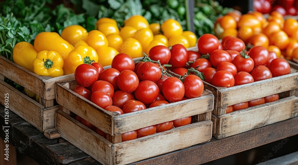 Fresh red tomatoes and yellow bell peppers in wooden crates at a market stall. Fresh red tomatoes and yellow bell peppers in wooden crates at a market stall.