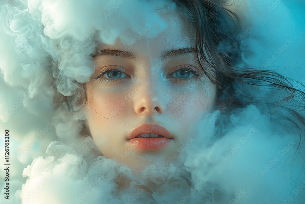 A woman with her face obscured by a fluffy cloud against a soft blue background A woman with her face obscured by a fluffy cloud against a soft blue background