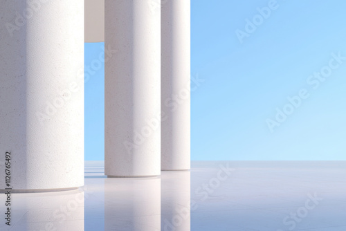 Colonnade, A minimalist scene featuring white pillars against a clear blue sky, reflecting on a smooth surface, conveying tranquility and modern design.