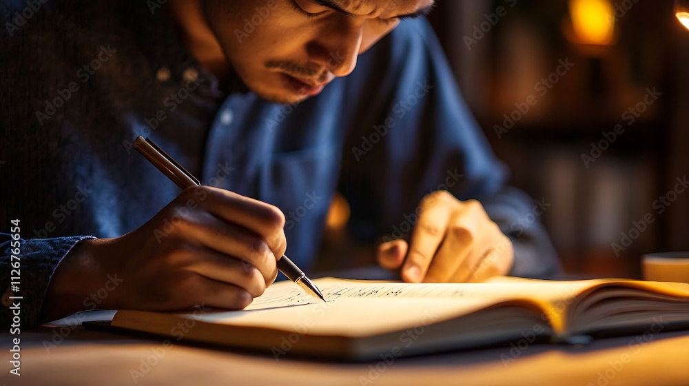 Man writing in a notebook at night Man writing in a notebook at night