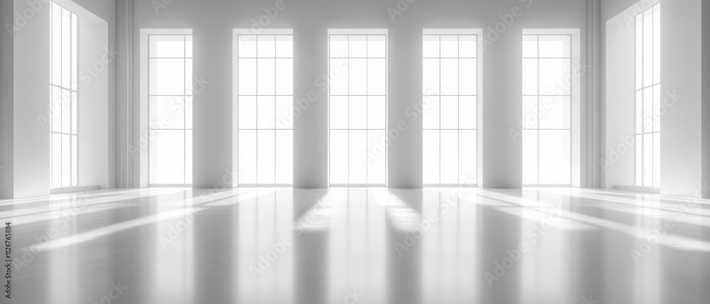 Bright, Modern Room Interior with Large Windows and Sunlight Streaming In Bright, Modern Room Interior with Large Windows and Sunlight Streaming In