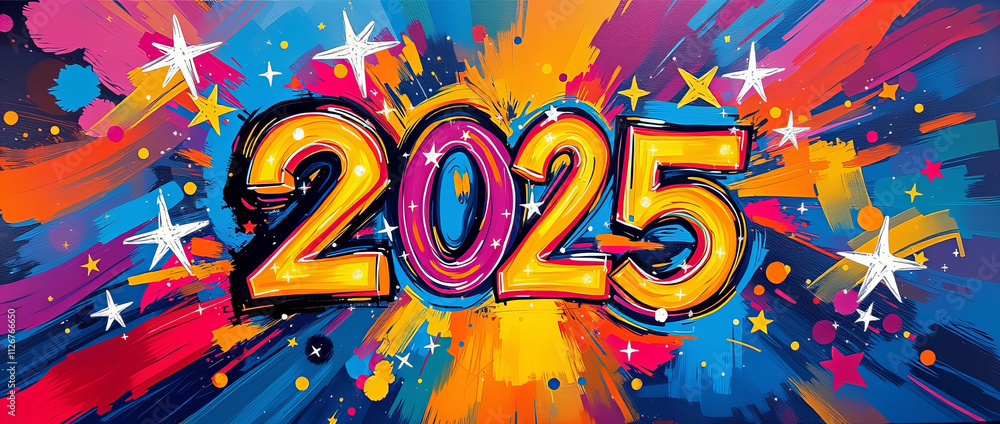 Obraz premium Nowy Rok 2025- radosna ilustracja symbolizująca początek nowego roku, radosna celebracja. Kolorowa grafika farbami.