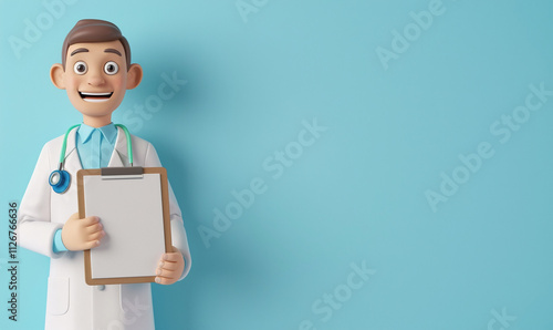 A 3D cartoon doctor is positioned on the left, wearing a white lab coat with a stethoscope around their neck