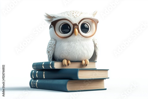 A white cartoon owl wearing glasses sitting on a stack of books on the white background