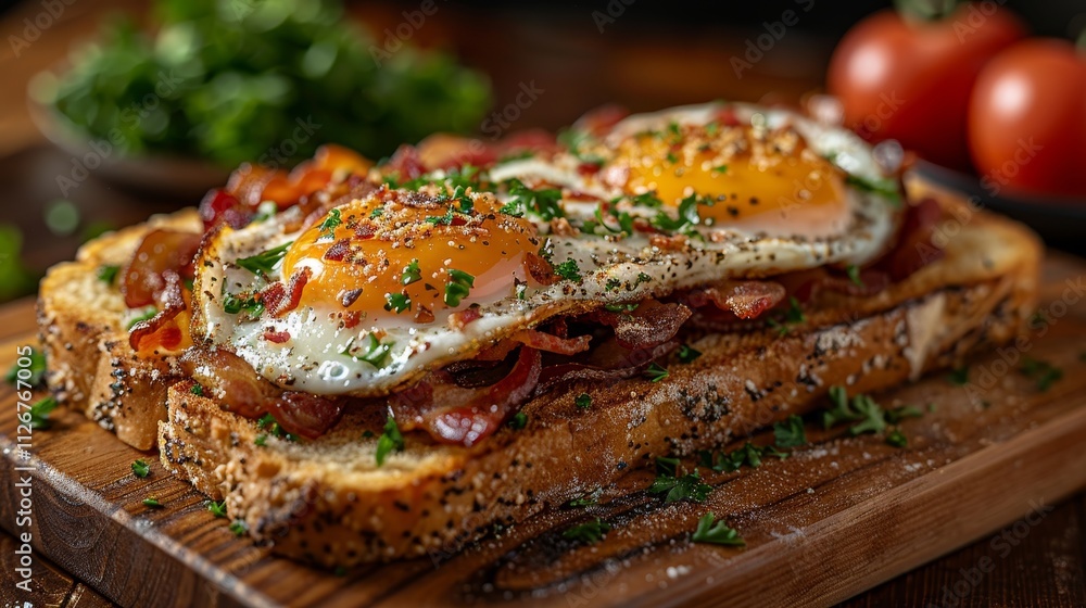 Close-up, toasted sourdough bread, crispy bacon, and sunny-side-up eggs. Rustic breakfast concept. Close-up, toasted sourdough bread, crispy bacon, and sunny-side-up eggs. Rustic breakfast concept.