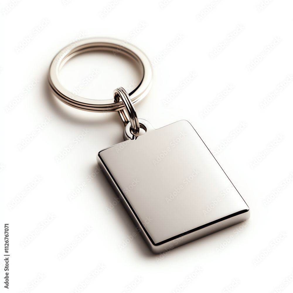 A sleek, metallic keychain with a blank rectangular tag for personalization. A sleek, metallic keychain with a blank rectangular tag for personalization.