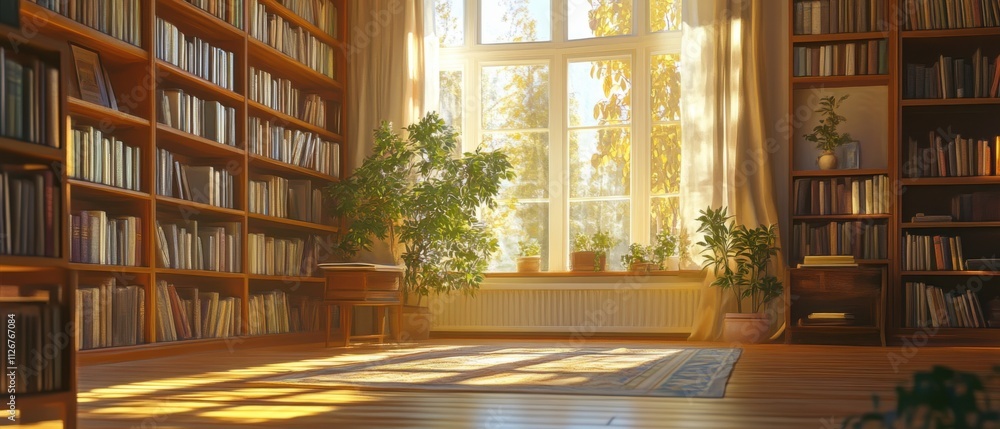 Sunlit Library Room with Bookshelves and Large Window, Autumnal Atmosphere Sunlit Library Room with Bookshelves and Large Window, Autumnal Atmosphere
