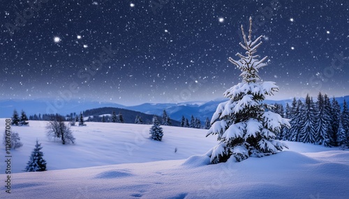 Stunning D Rendering of a Fantastic Winter Landscape Featuring a Beautifully Decorated Christmas Tree Perfect for Holiday Backgrounds and Seasonal Celebrations