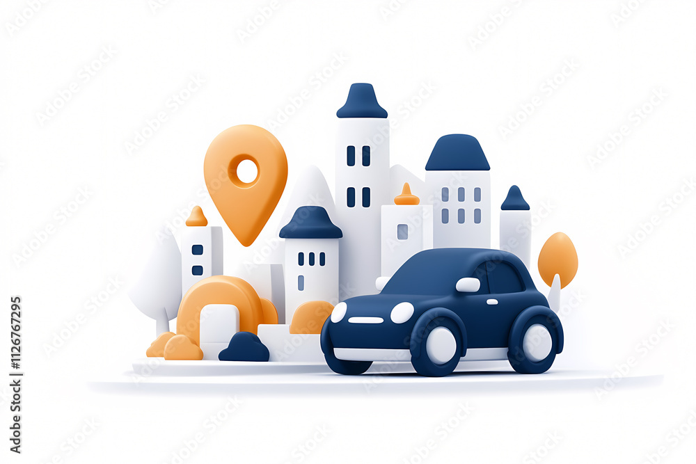 Naklejka premium An animated car navigates a colorful city filled with unique buildings and landmarks. On white background