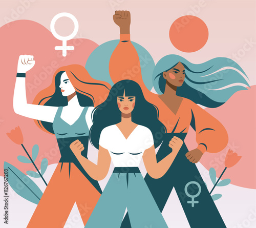 Women's day. Vector flat illustration strong woman, feminism. Woman on bright abstract background. Gender equality and women's empowerment. For social media, posters, advertising