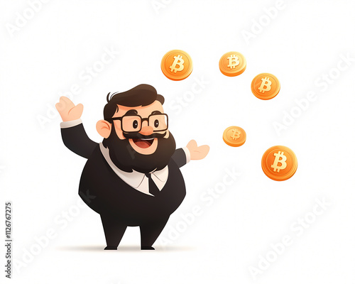 An animated character joyfully tosses Bitcoin coins in celebration of cryptocurrency achievements. On white background