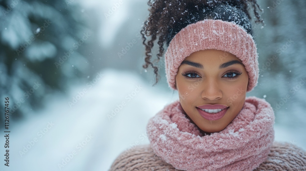 A young woman stands in a snowy forest, her joyful smile brightening the scene. She is dressed warmly with a knitted scarf and hat, surrounded by tall trees dusted with snow. A young woman stands in a snowy forest, her joyful smile brightening the scene. She is dressed warmly with a knitted scarf and hat, surrounded by tall trees dusted with snow.