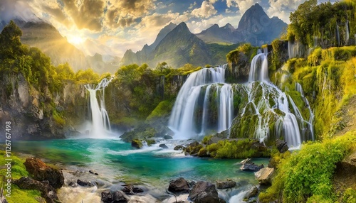 Enchanting Fantasy Landscape with Majestic Waterfalls and Breathtaking Panorama, Showcasing Natures Wonders in a Dreamlike Realm of Vibrant Colors and Lush Greenery, Perfect for Imagination