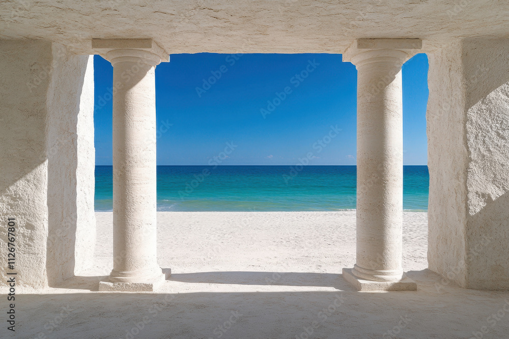Colonnade, A serene view of a beach framed by elegant white columns, showcasing a calm sea and clear blue sky. Colonnade, A serene view of a beach framed by elegant white columns, showcasing a calm sea and clear blue sky.