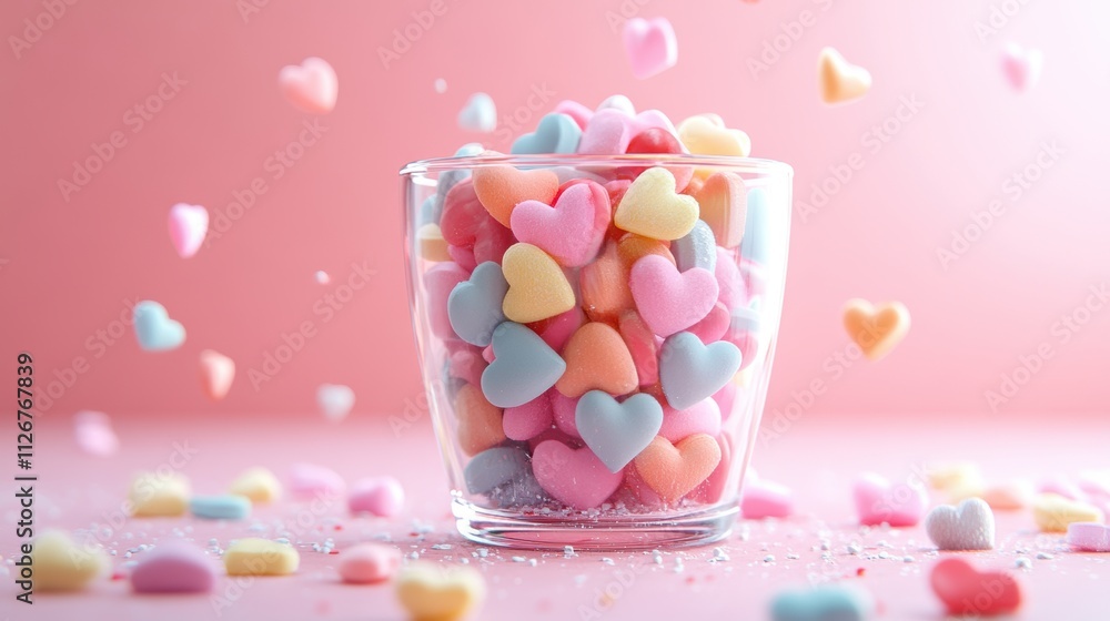 Cute Valentine's Day Scene with Colorful Heart-Shaped Candies Falling into a Glass, Pink Background, Sweet Romance, Soft Lighting, Medium Focus Lens Cute Valentine's Day Scene with Colorful Heart-Shaped Candies Falling into a Glass, Pink Background, Sweet Romance, Soft Lighting, Medium Focus Lens