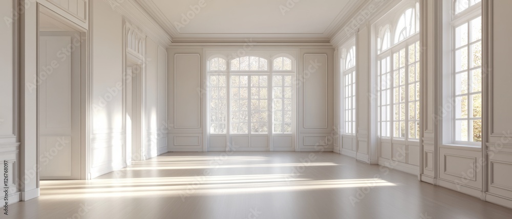 Obraz premium Sunlit Elegant Room Interior Design with Large Windows and White Walls