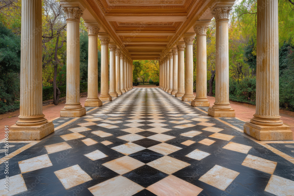Obraz premium Colonnade, A picturesque corridor lined with elegant columns, featuring a striking black and white checkered floor, surrounded by lush greenery.
