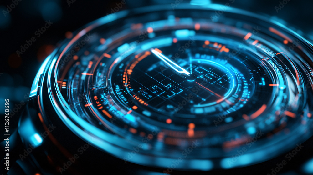 A futuristic watch icon with holographic data rings representing time management, smart wearables, and online tracking apps. A futuristic watch icon with holographic data rings representing time management, smart wearables, and online tracking apps.