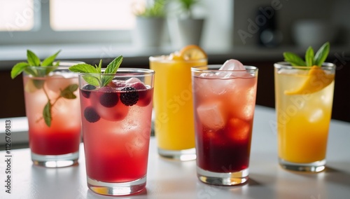 A collection of colorful cocktails served in glasses adorned with assorted berries and fruit garnishes