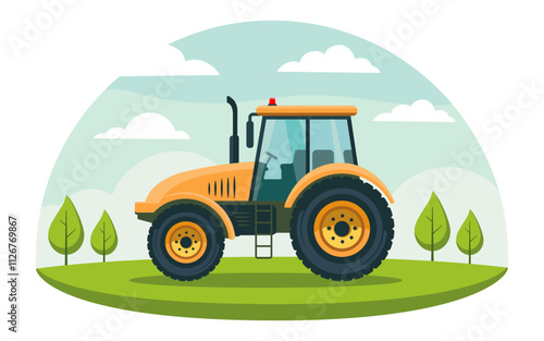 Orange tractor working in the field. Tractor on the background of the landscape. Vector illustration. Flat design