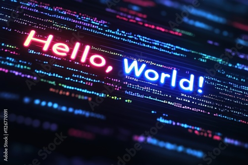 Obraz na płótnie Neon Hello World Code Displayed On Screen
