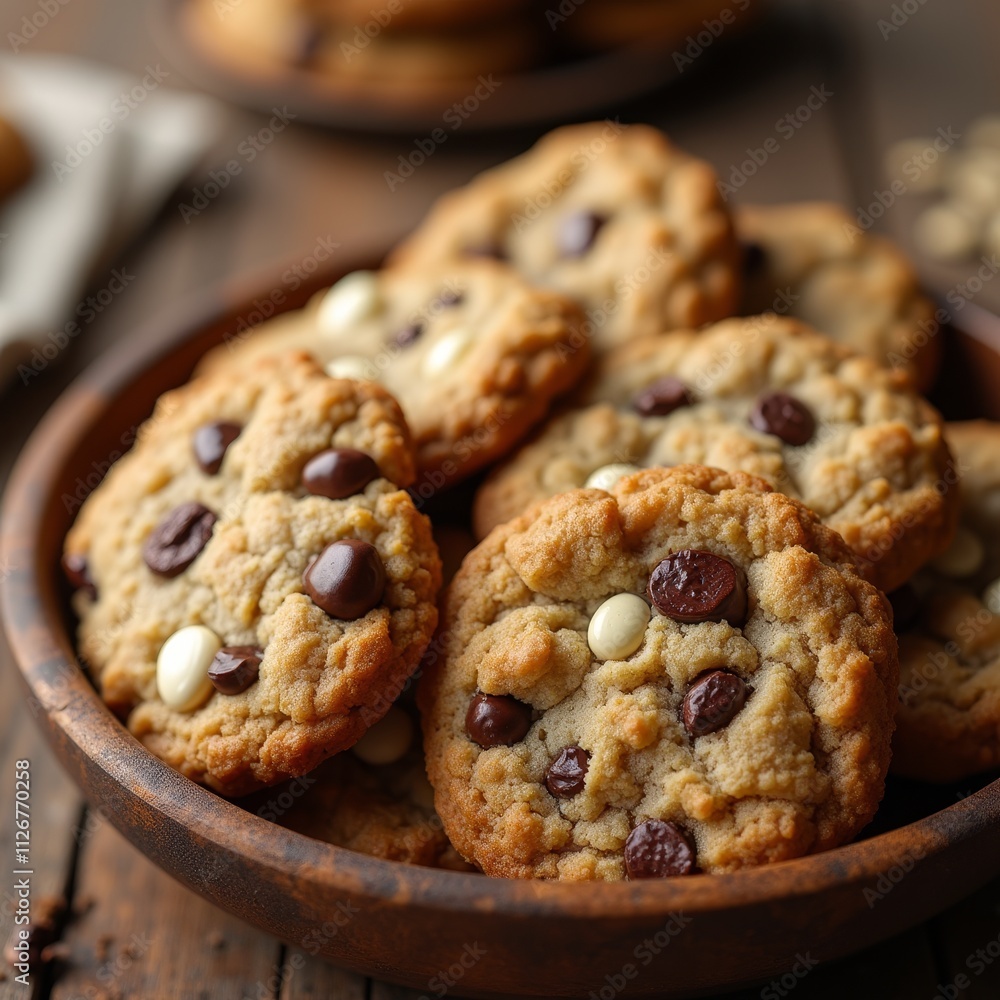 A plate of warm, golden brown chocolate chip cookies A plate of warm, golden brown chocolate chip cookies