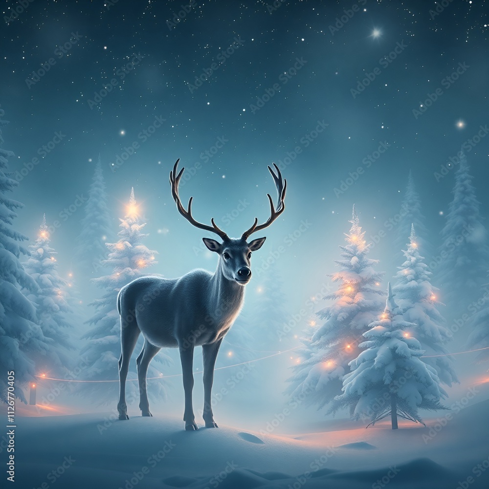 Christmas banner with magical scene of a reindeer in center in snowy forest with Christmas trees with lights and stars with copy space Christmas banner with magical scene of a reindeer in center in snowy forest with Christmas trees with lights and stars with copy space