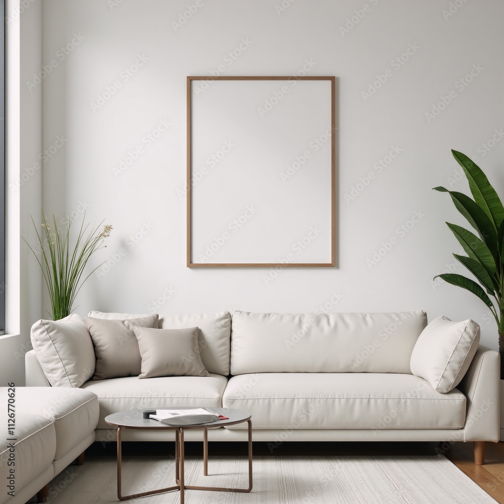 Fototapeta premium Mockup showcasing modern living room interior on a wall featuring a paper-sized frame displaying an image of a house against a contemporary backdrop
