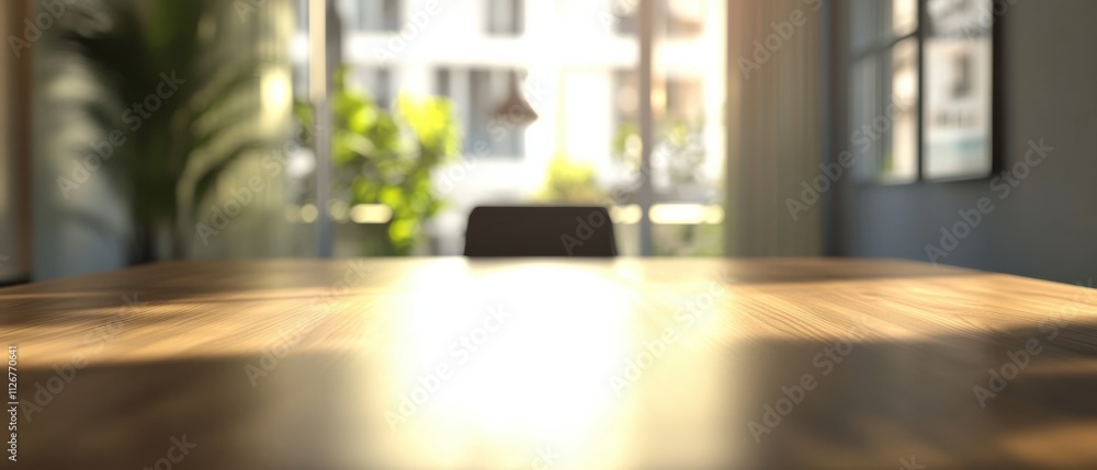 Sunlit Wooden Tabletop in Modern Office with Blurred Background Sunlit Wooden Tabletop in Modern Office with Blurred Background