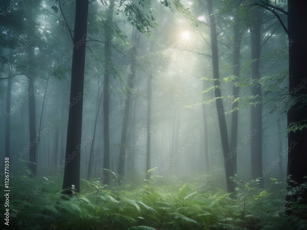 Fototapeta premium Abstract misty forest with soft bokeh lights.