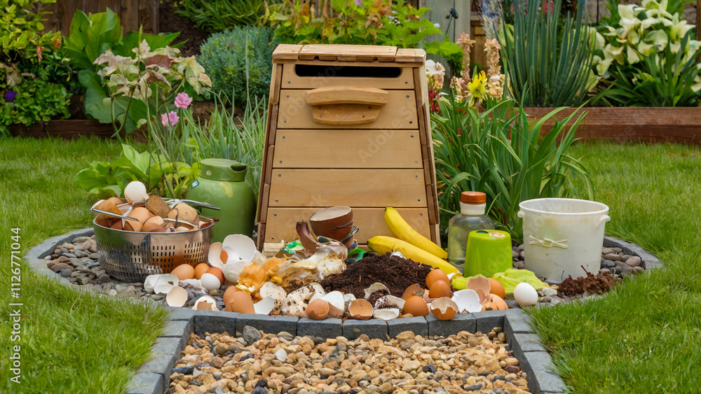 A composting setup in a garden, with food scraps nearby and vibrant plants in the background symbolizing green living. A composting setup in a garden, with food scraps nearby and vibrant plants in the background symbolizing green living.