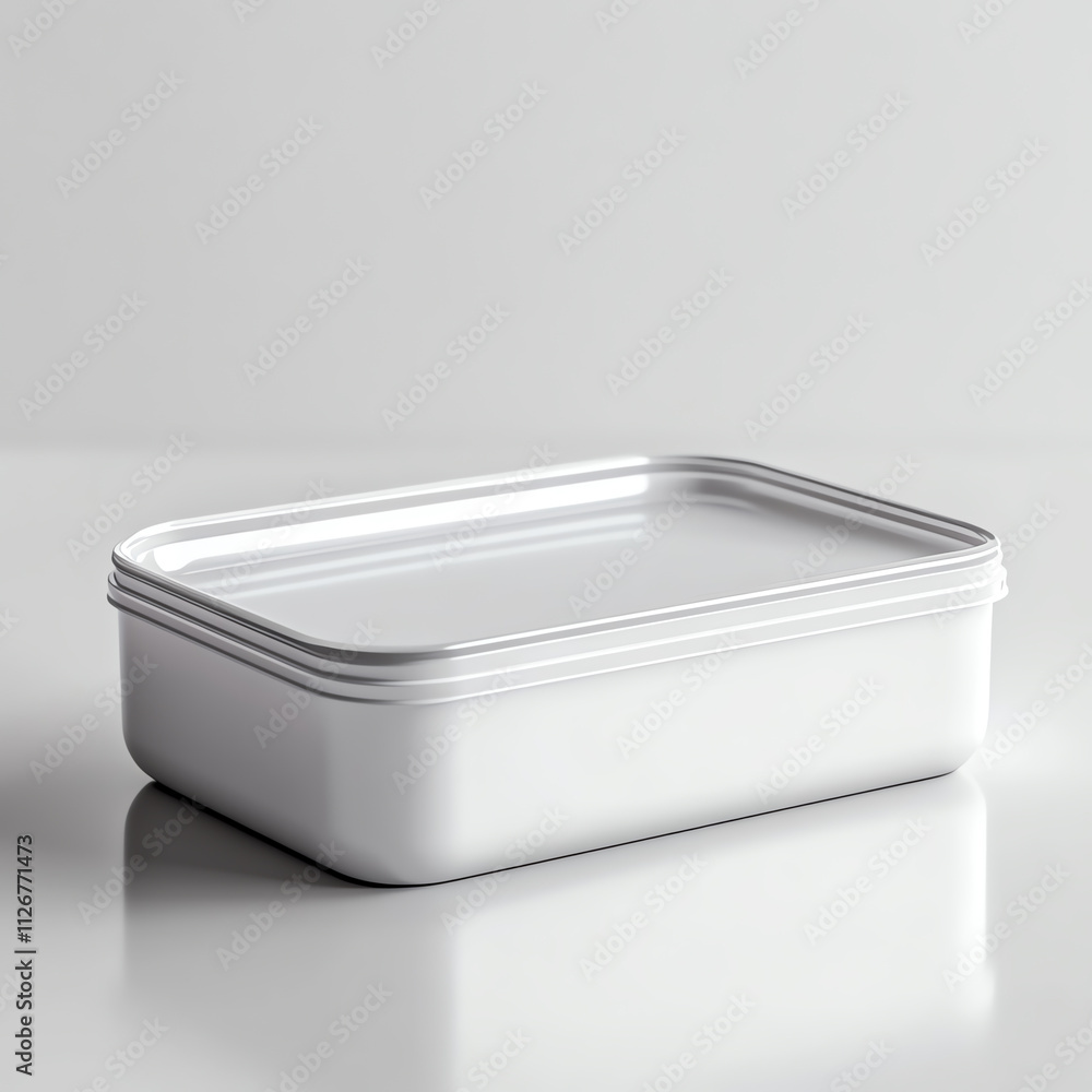 Minimalist white plastic food container on a light surface, perfect for storage. Minimalist white plastic food container on a light surface, perfect for storage.