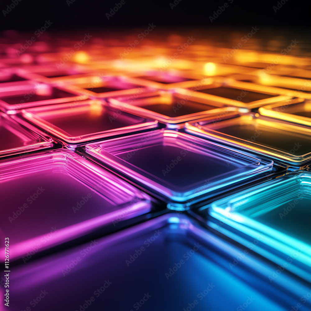 A vibrant array of illuminated tiles, showcasing dynamic colors and reflections. A vibrant array of illuminated tiles, showcasing dynamic colors and reflections.