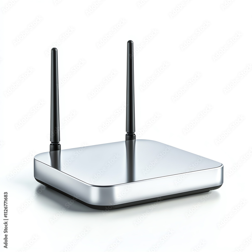 Modern wireless router with sleek design and dual antennas for fast internet connectivity. Modern wireless router with sleek design and dual antennas for fast internet connectivity.